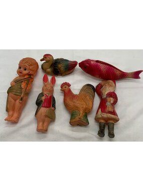 Vintage Lot Of 6 Celluloid Toys Santa Kewpie Rabbit Chicken Fish Duck Collectibl